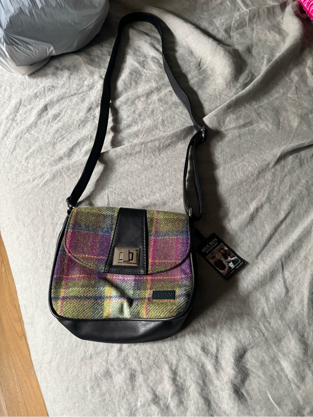 Multicolor Plaid Crossbody Shoulder Bag with Black Trim